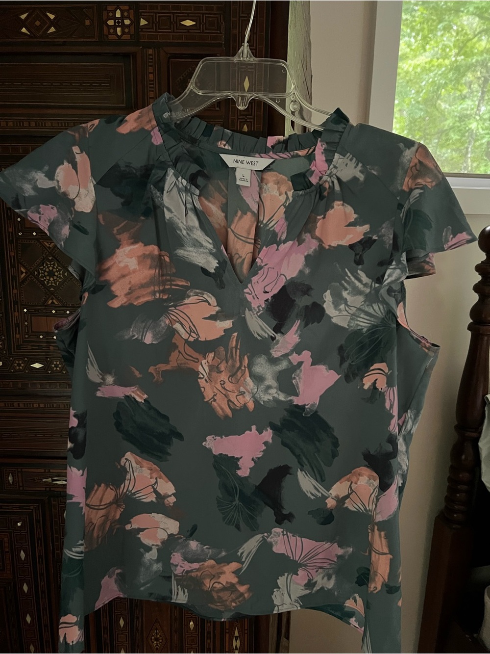 Nine West Teal Brushstroke Floral Short Sleeve Blouse
